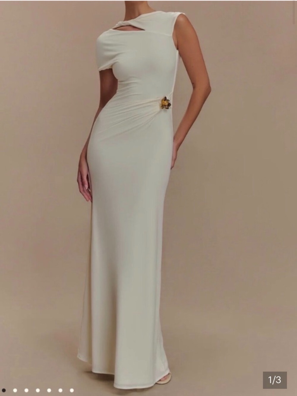 Meshki Cream One-Shoulder Maxi Dress with Side Brooch